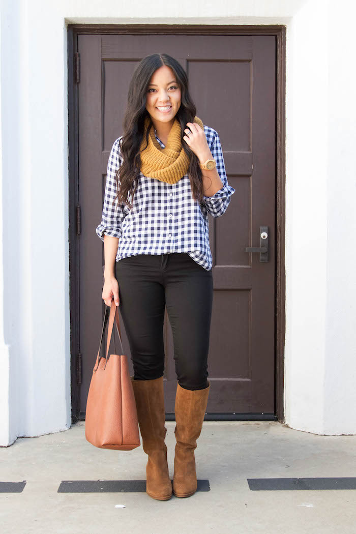 7 Ways To Wear A Navy Gingham Button Up For Fall Putting Me Together